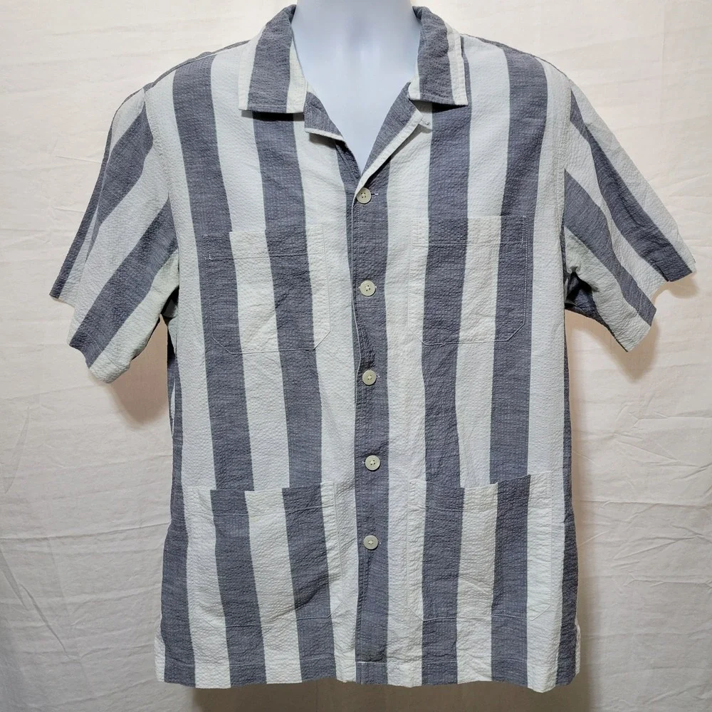 Todd Snyder Shirt Men Large Camp Collar Guyabera Chore Seer Sucker Stripe Albini
